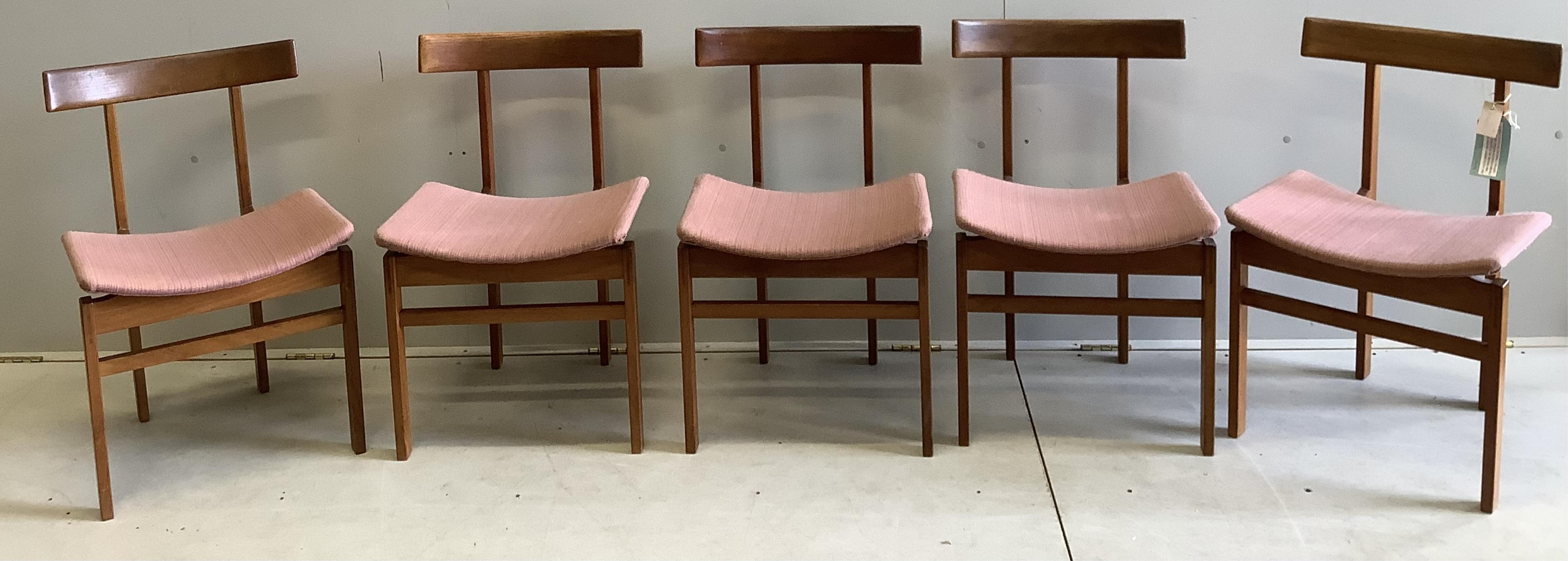 Five mid century Danish teak dining chairs by France & Sons, designed by Inger Klingenberg and purchased from Liberty in 1962, width 47cm, depth 48cm, height 74cm